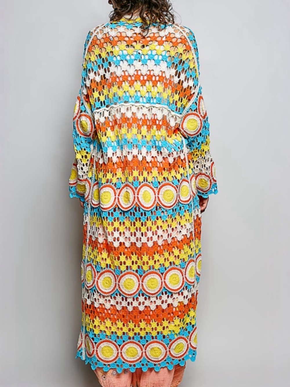 NWT POL Bohemian Orange Turquoise Crochet Long Duster Cardigan Sweater One Size
